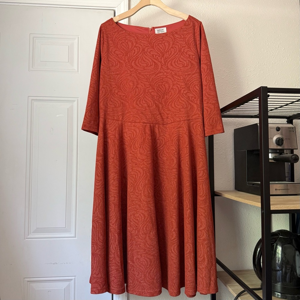 UNIQUE VINTAGE rust orange red glitter boat‎ neck long sleeve mini knee midi